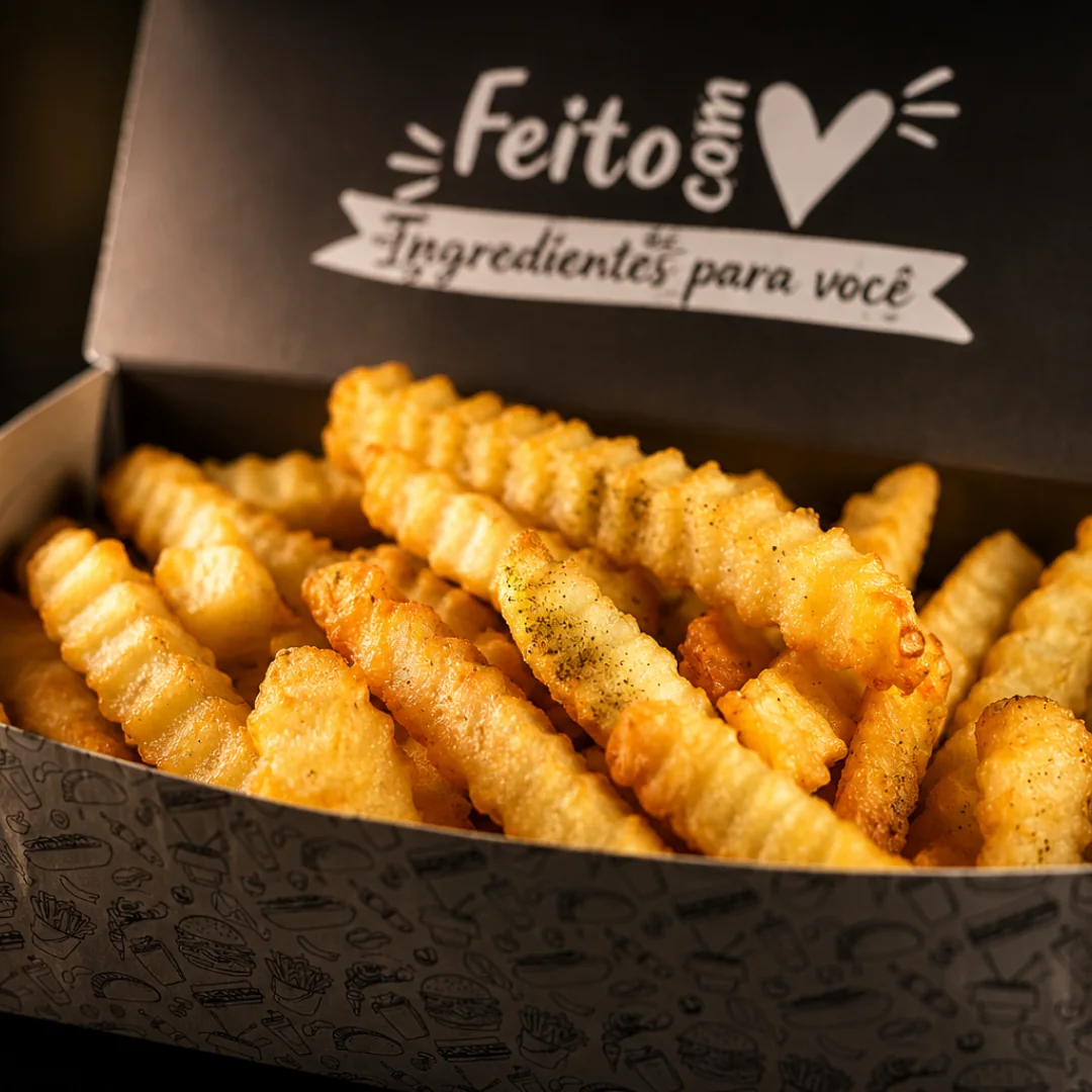 Porção de batata crinkle da Breddy's em embalagem para delivery